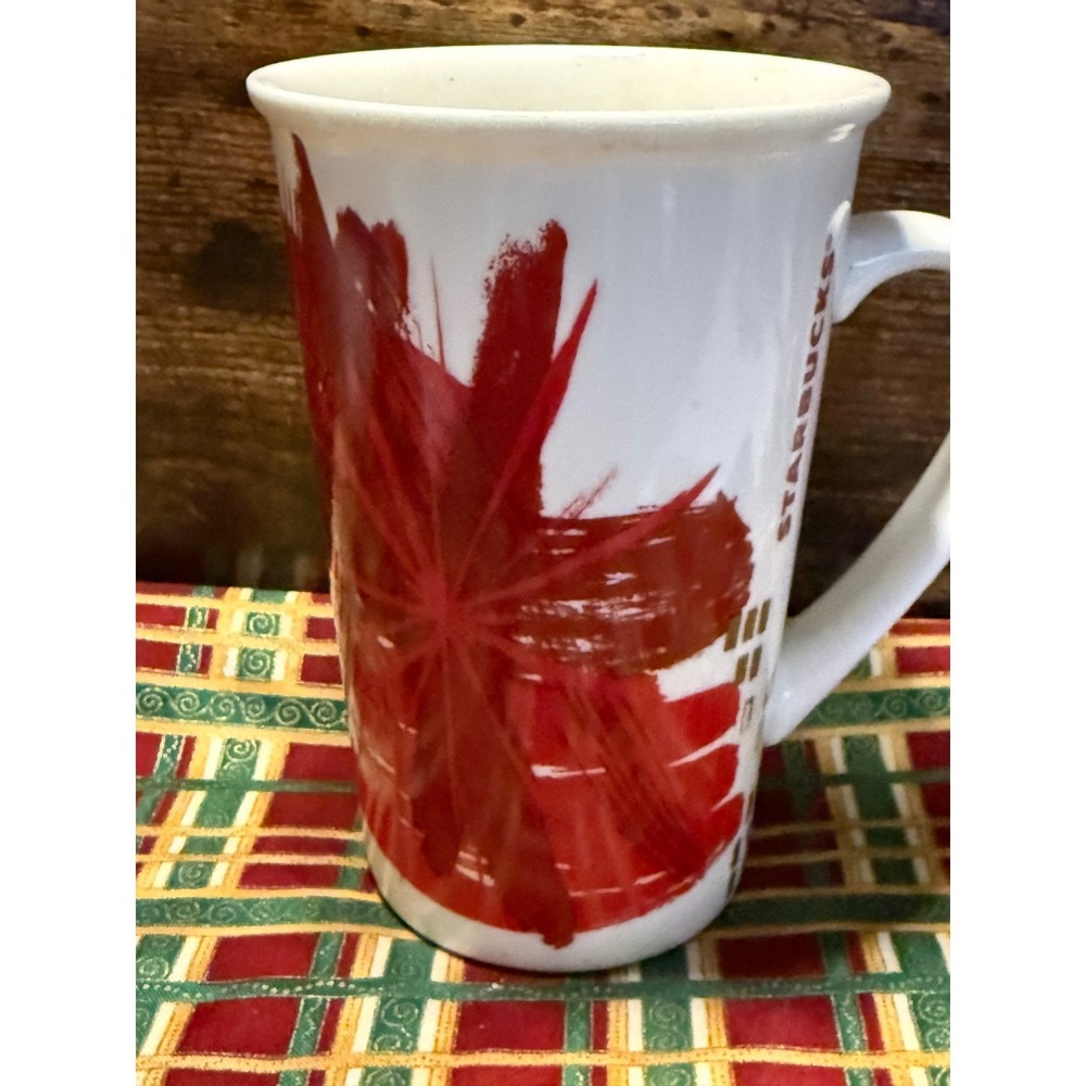 Starbucks 2014 Holiday Mug Red Abstract Floral Poinsettia Gold 12oz Ceramic